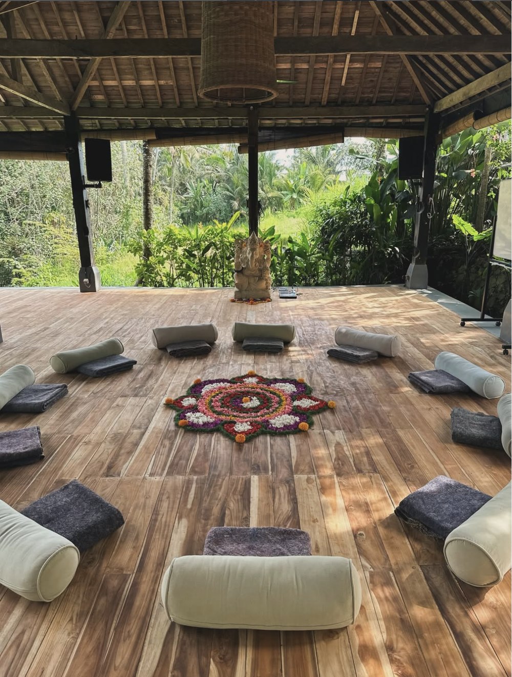 A private ceremony space set for a retreat gathering in Ubud